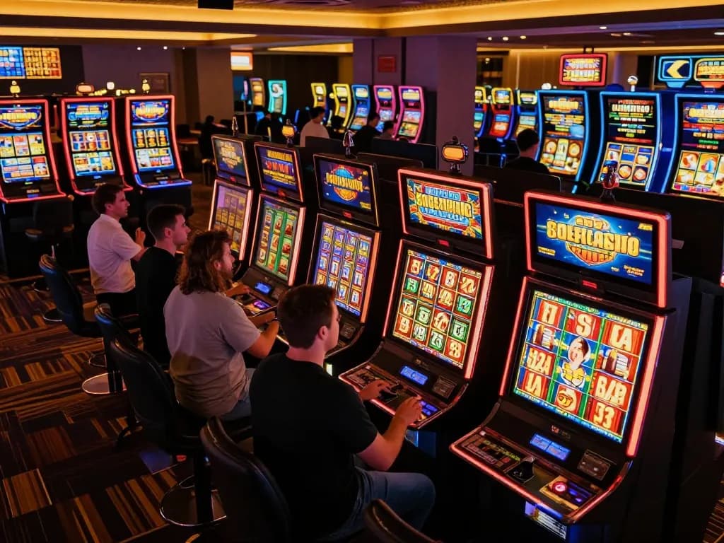 Players enjoying vibrant slot machines at UGDEWA casino, highlighting excitement and engagement.