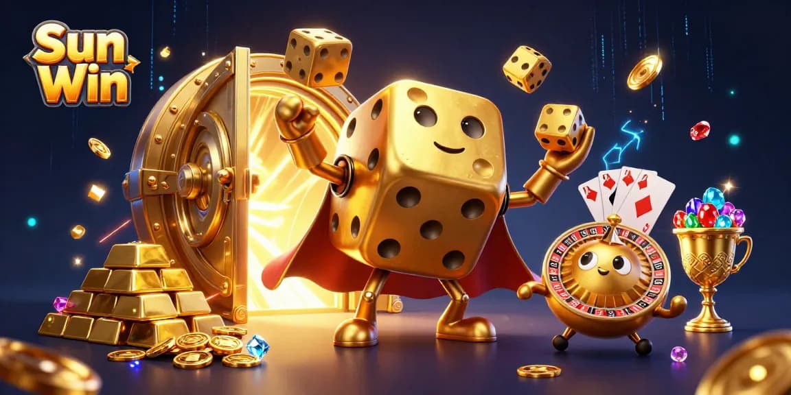 Experience the thrill of Sun Win as a golden dice golem juggles winnings while rich treasures surround it.