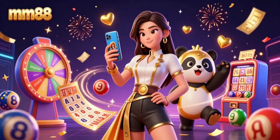 Experience the excitement of mm88 with a 3D illustration of gameplay fun, winnings and a lively atmosphere.