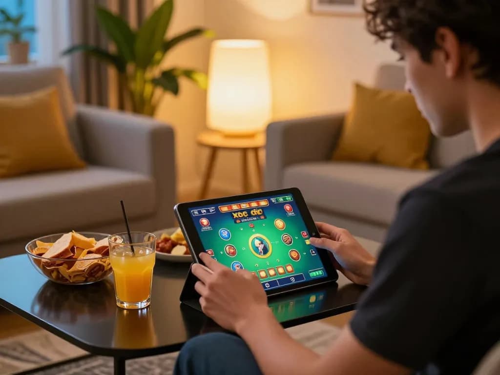 xóc đĩa online gameplay on a tablet in a cozy living room setting, highlighting strategic betting and enjoyment.