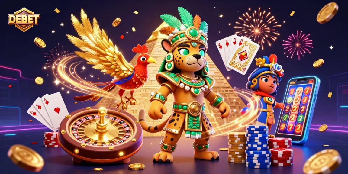 Engaging DEBET casino scene showcasing a Mayan priest, roulette, and winning elements.