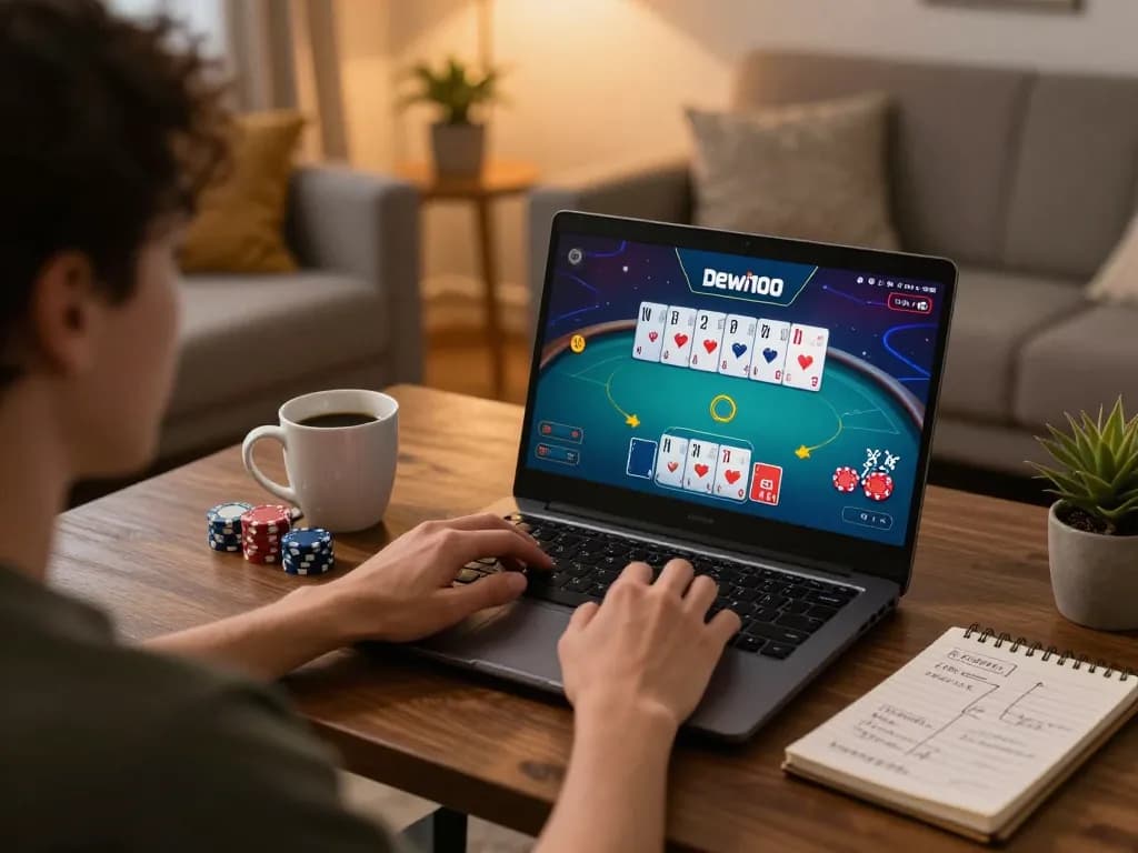 Tampilan permainan poker online Dewi100 di pengaturan rumah yang nyaman dengan catatan strategi dan laptop