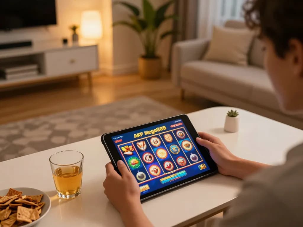 Engaging in apk mega888 slot game on a tablet in a cozy home gaming setup with snacks and drinks