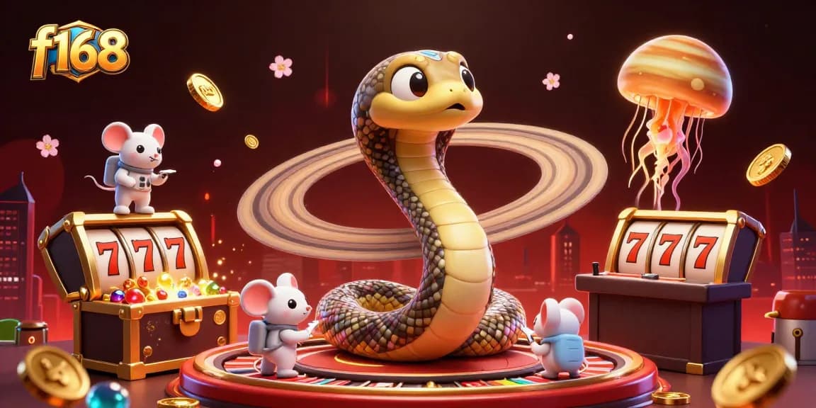 Engaging f168 gaming scene with a Saturn ring snake and betting mice in a vibrant casino atmosphere.