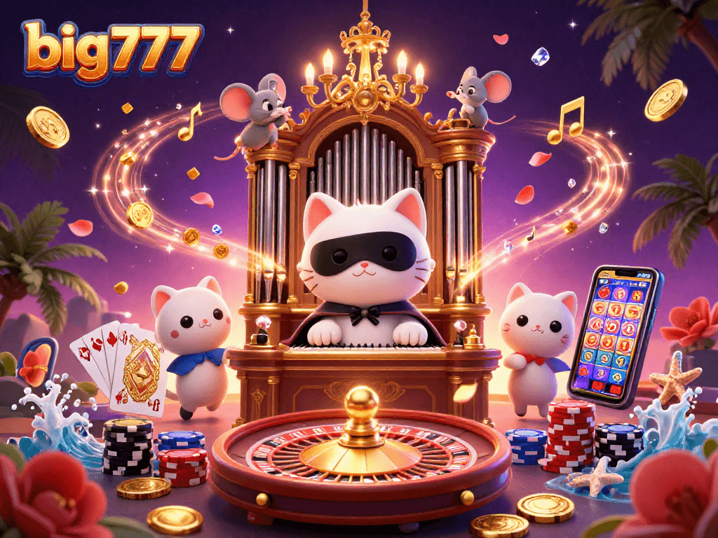 Experience big777 excitement with 3D characters, gold coins, and casino elements in a vibrant scene.