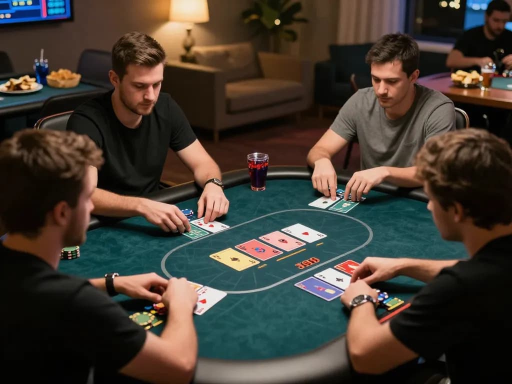 Players enjoying an exciting poker game at Jun88 online casino with a warm home atmosphere