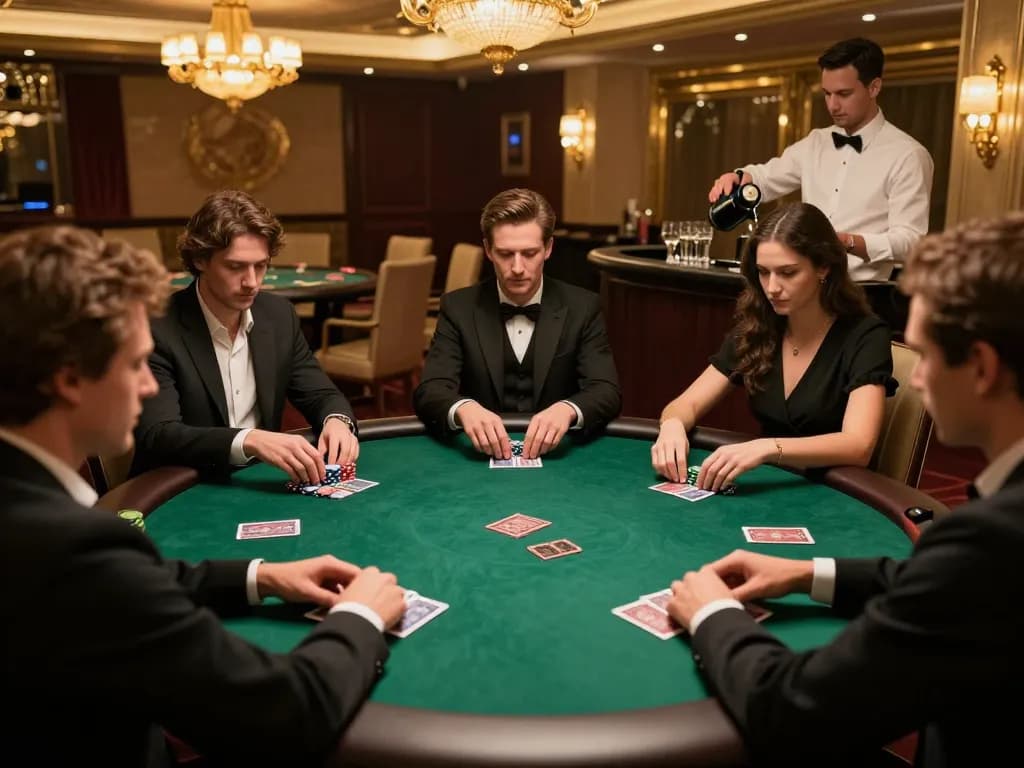 uu88 players enjoying an intense poker game in an upscale casino, focused on strategy and gameplay.
