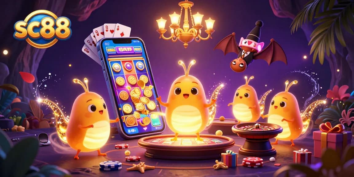 Engage in thrilling slot action at sc88 with vibrant casino elements, glowing characters, and enchanting atmosphere.
