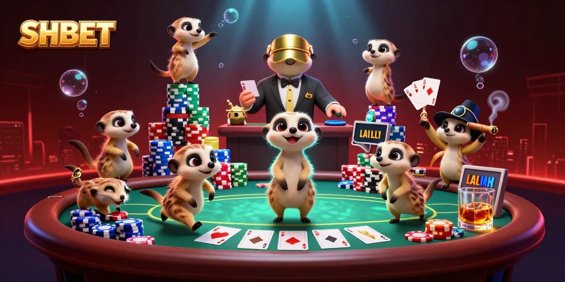 Experience engaging casino action at SHBET with lively meerkat dealers, vibrant poker elements, and gaming excitement.