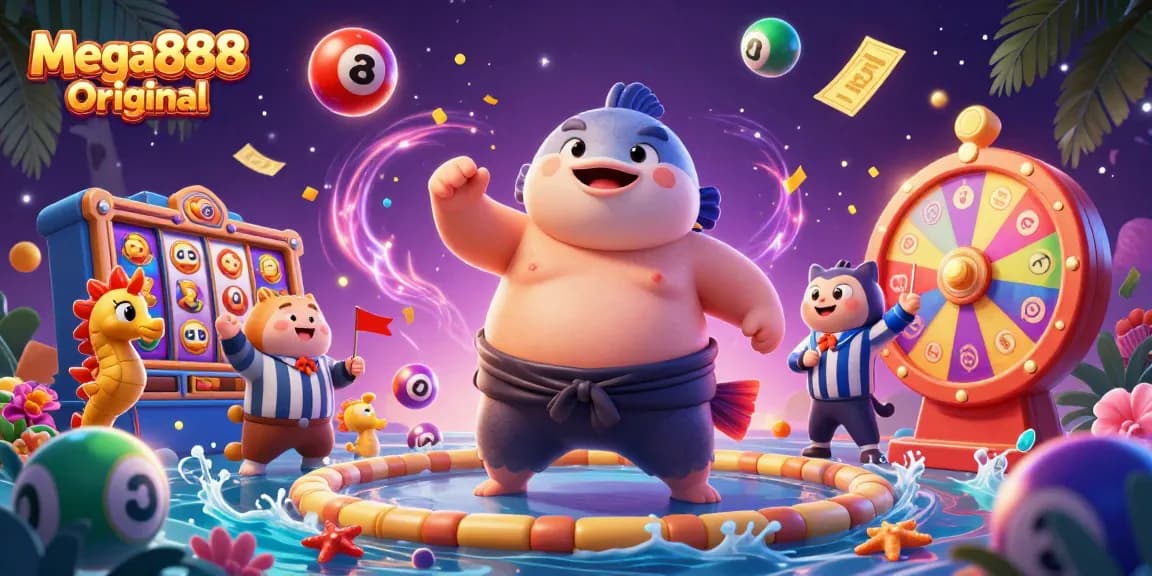 Celebrate thrilling wins with Mega888 Original in this dynamic casino-inspired scene featuring vibrant elements.