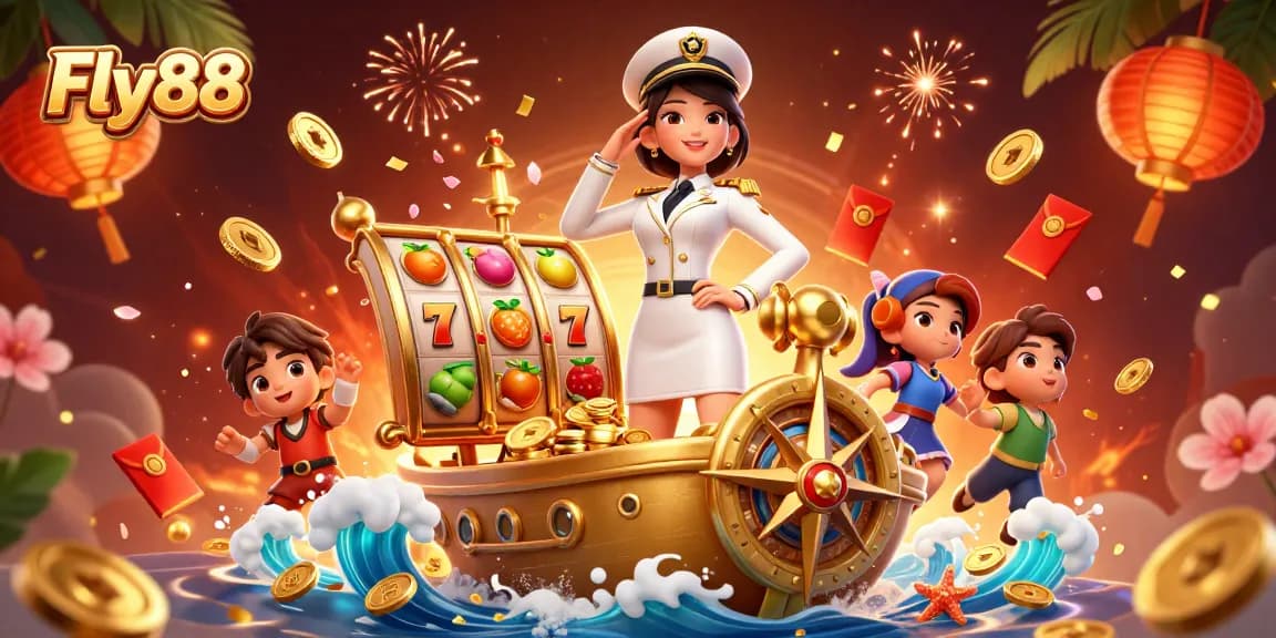 Join the excitement with Fly88 at the 3D casino scene featuring dynamic slot games and majestic elements.