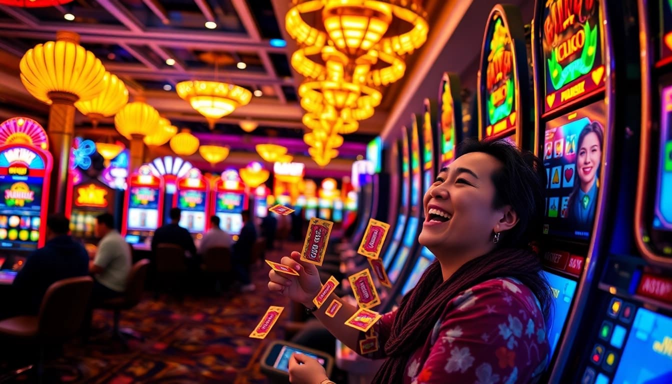 Permainan xgslot88 yang menarik dengan mesin slot yang bersinar dan pemain yang bahagia.