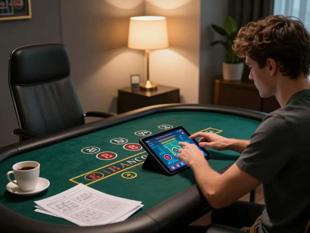 Player engaging with SC 88 Baccarat game on tablet while analyzing strategies in a stylish home office