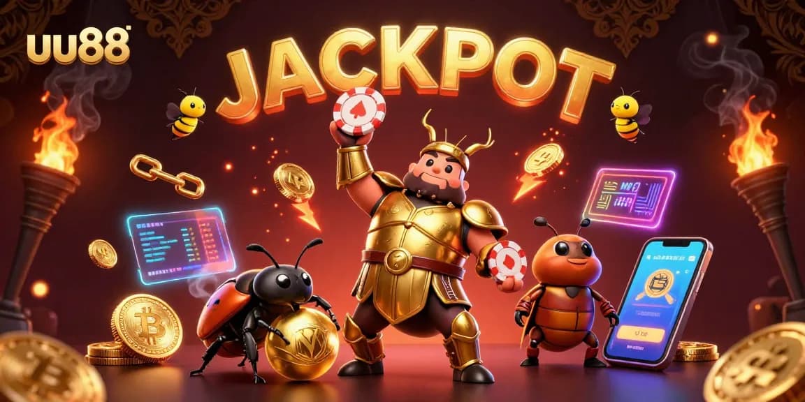 Win big with uu88 as a hercules beetle celebrates a jackpot in an animated casino atmosphere.
