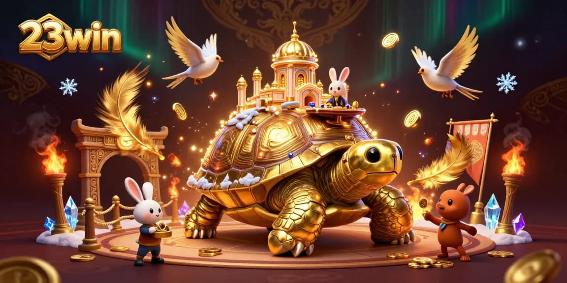 Experience exciting wins with 23win at a vibrant casino palace featuring gaming elements and golden coins.