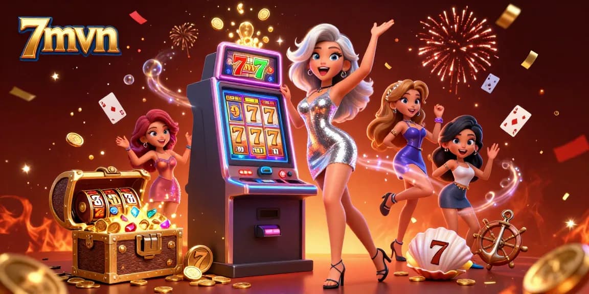 Play slots at 7mvn with a stunning Asian woman celebrating a jackpot win amidst casino excitement.