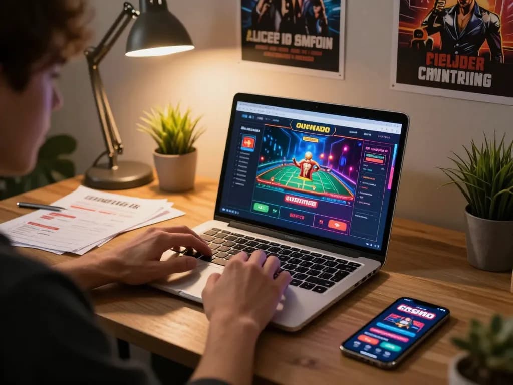 Permainan yang menarik di aplikasi kasino online oursinado yang ditampilkan di laptop modern, mencerminkan perjudian strategis di rumah.