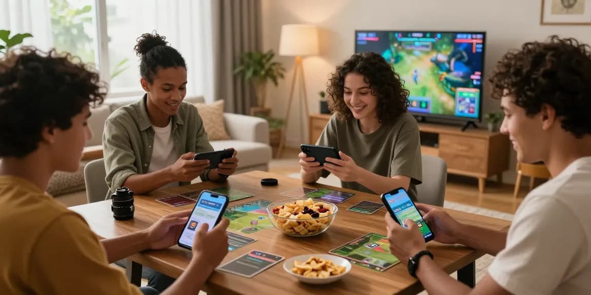 Friends enjoying ZOWIN ios gaming experience in a vibrant living room