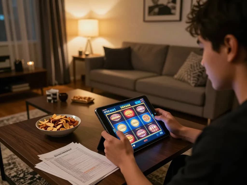 Playing slots on a tablet during a cozy gaming session at home with megaplus88.