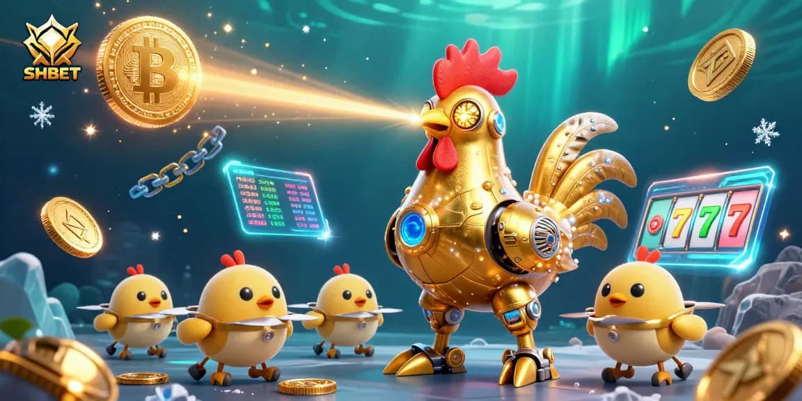 Engage in exciting gaming experiences at SHBET casino with futuristic gold rooster robot and vibrant crypto elements.