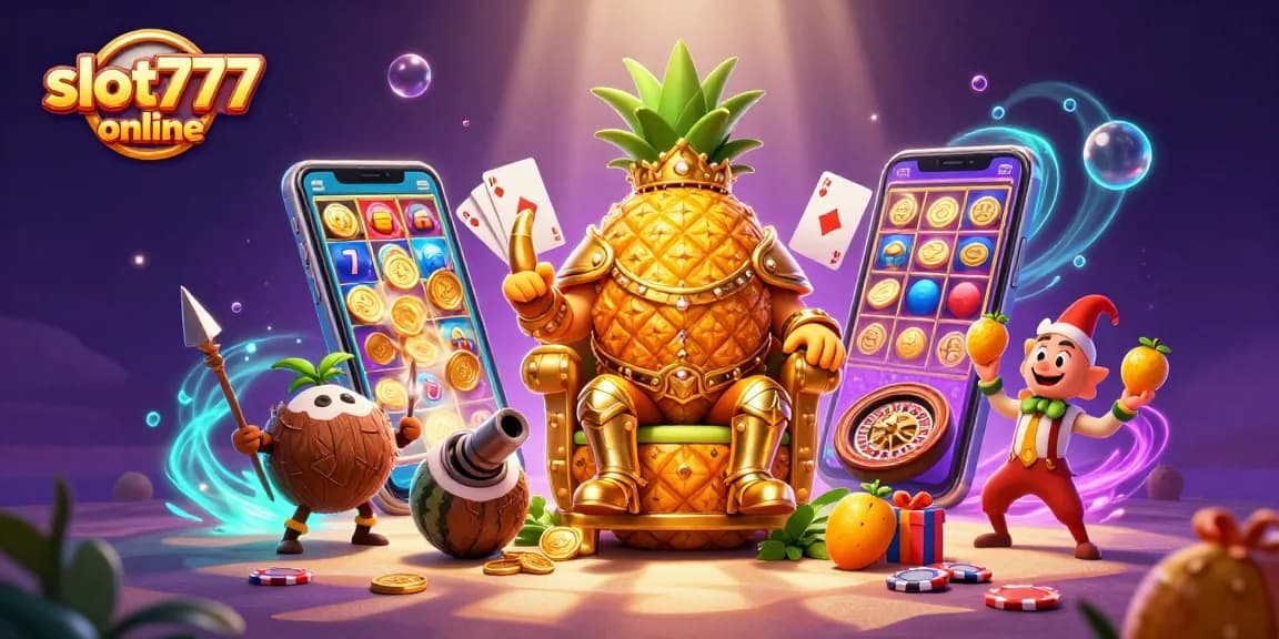 Spin and win with Slot777 online, featuring a golden pineapple king and exciting slot game elements