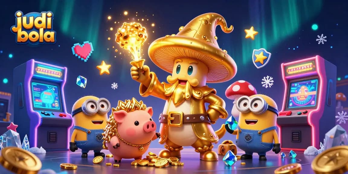 Engage in judi bola betting with vibrant cartoon magic and treasure-filled casino elements in a rich visual scene.