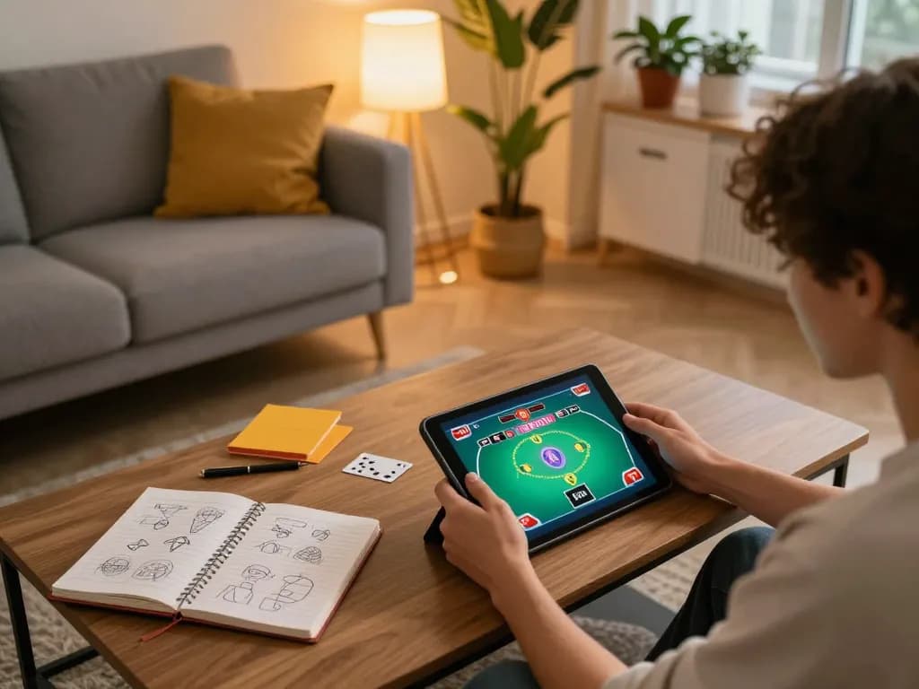 Player engaging in an online poker game via 789f with cozy home setup and strategic notes.