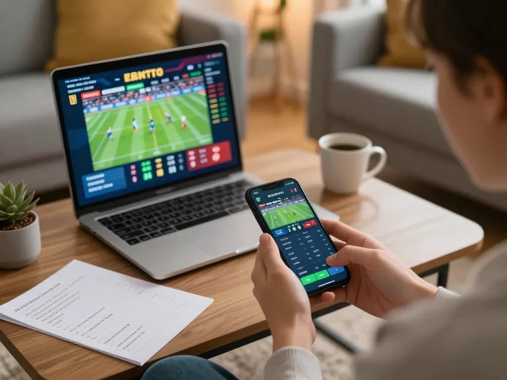 TR88 user engaging with mobile sports betting app in a cozy environment while tracking live match odds