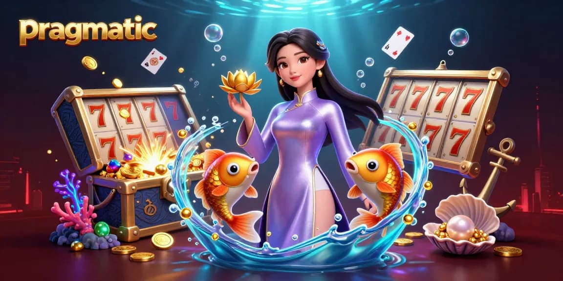 Experience pragmatic slot excitement with a 3D illustration of a woman, koi fish, and dynamic gaming elements