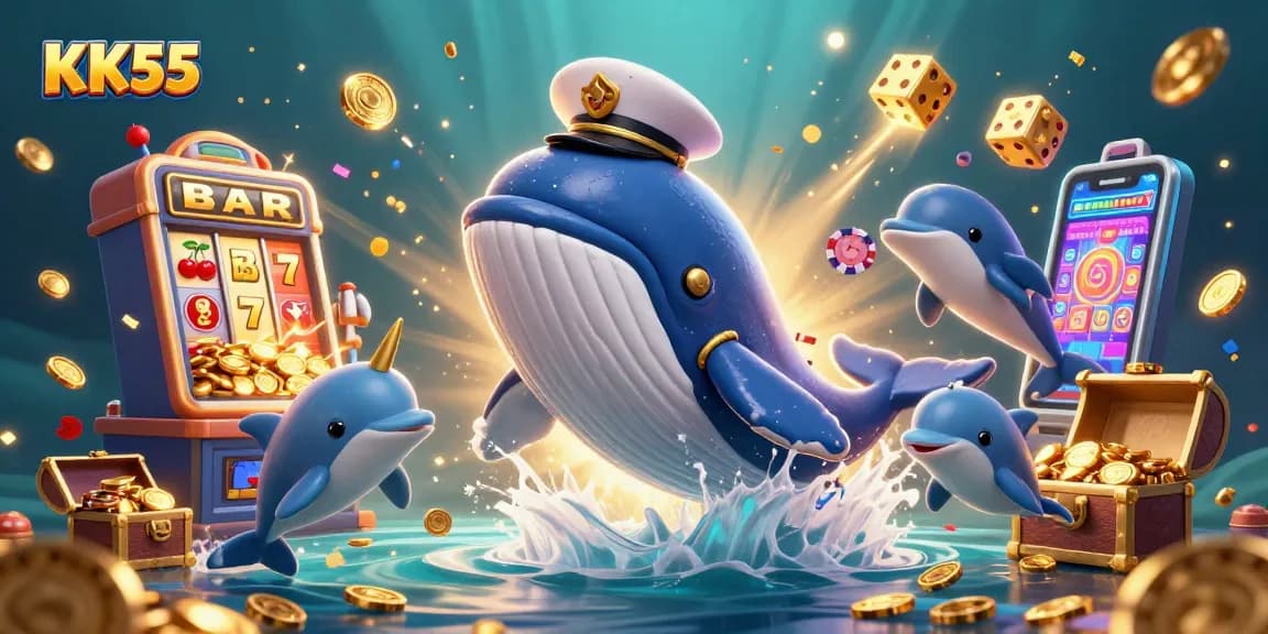 Engage with thrilling gaming adventures at KK55, featuring vibrant casino scenes and playful characters.