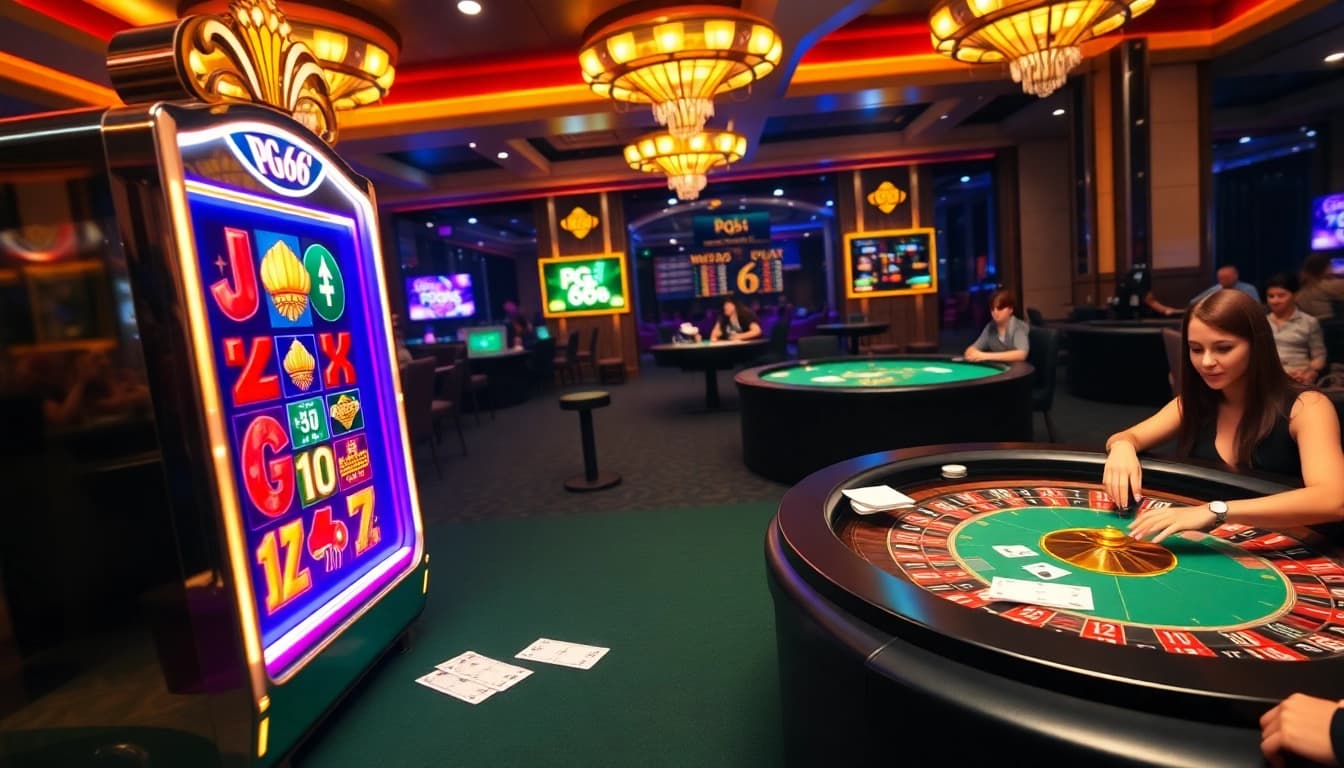Players enjoying an exciting PG 66 online casino with vibrant slot machines and card tables.
