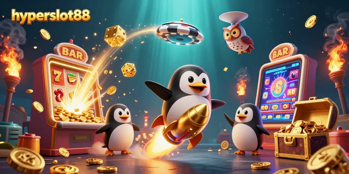 Interact with hyperslot88 through a thrilling cosmic adventure featuring a golden penguin and dynamic casino elements.