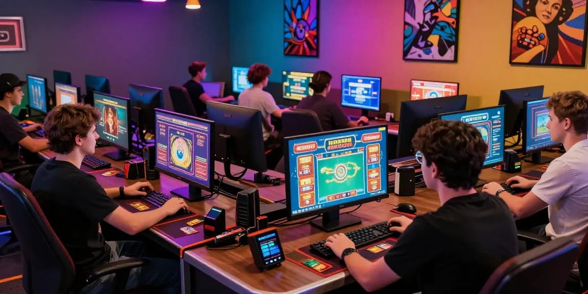 Players enjoying games at a credit card casino, surrounded by colorful gaming screens and glowing lights.