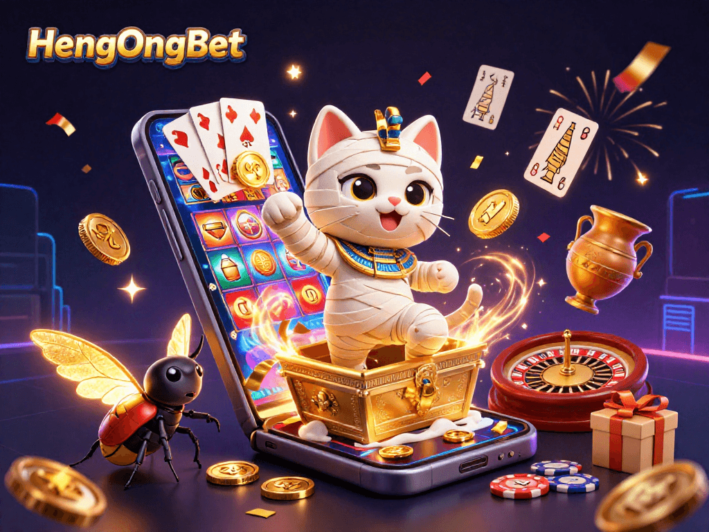 HengOngBet cat and scarab shine in a vibrant casino scene with exhilarating wins and dynamic gameplay