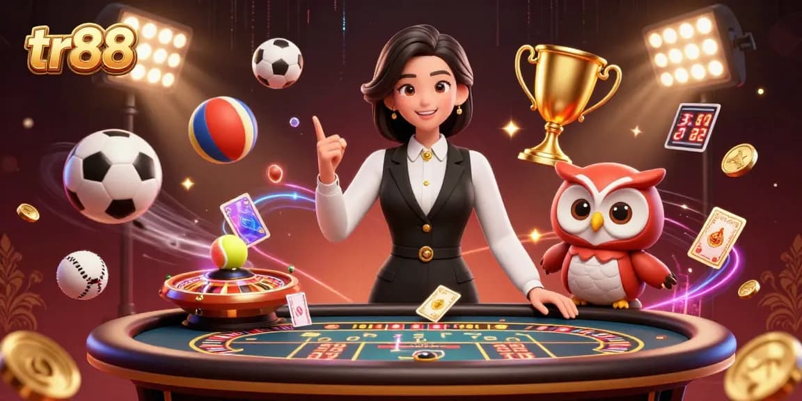 Experience the excitement of tr88 with an elegant dealer, vibrant sports elements, and dynamic casino atmosphere.