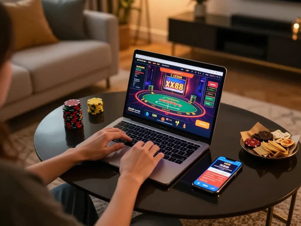 Engaging gameplay at XX88 online casino displayed on a laptop in a cozy living room setting.