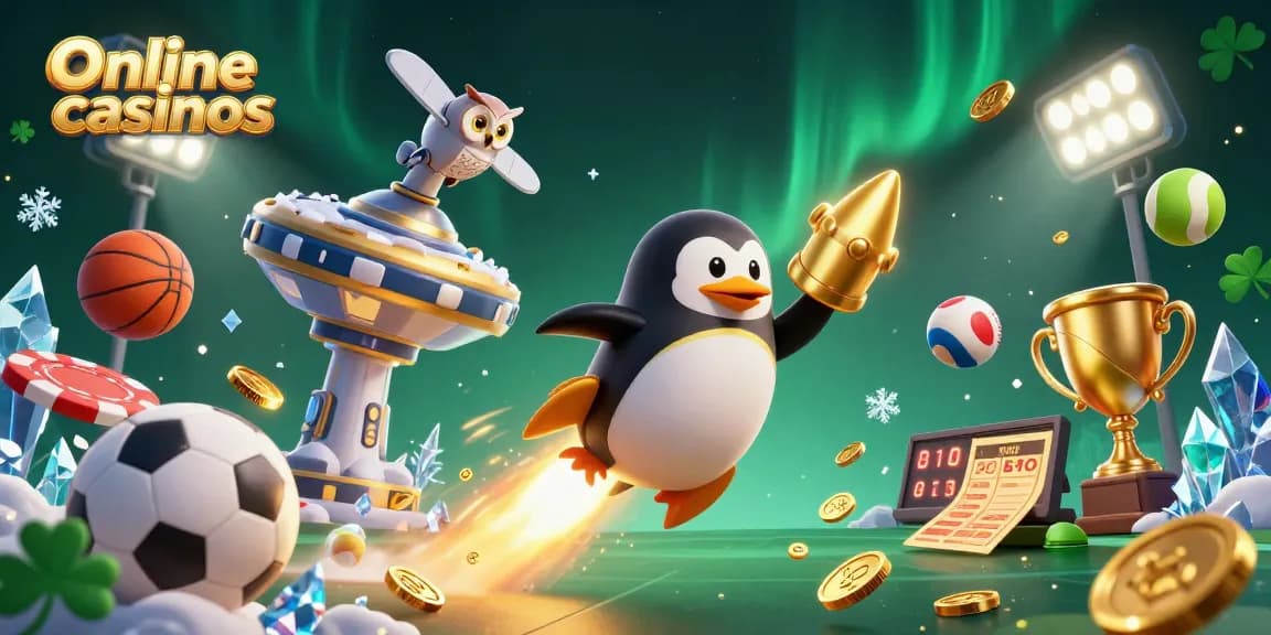 Experience thrilling online casinos imagery with a rocket-powered penguin soaring among sports elements and golden rewards.