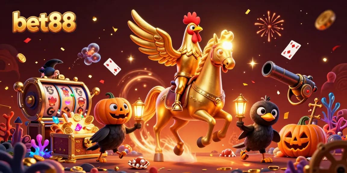 Experience high-energy gaming adventures with bet88 as the golden rooster leads a casino celebration.