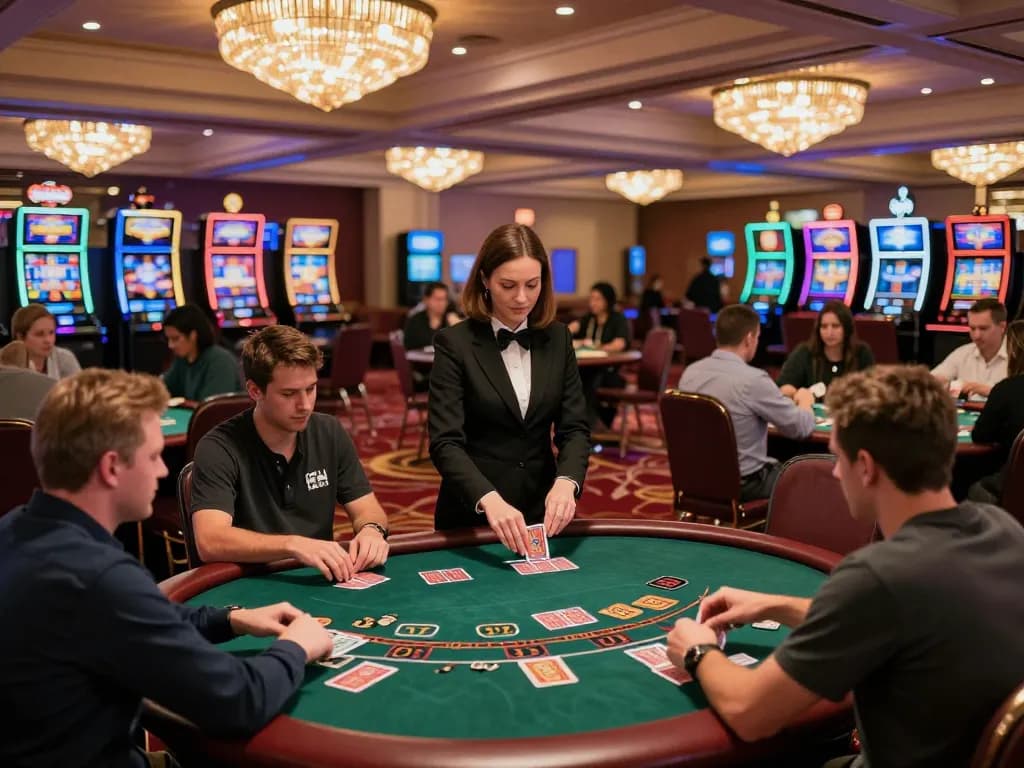 Players at fabet enjoying intense blackjack games amid vibrant casino ambiance.