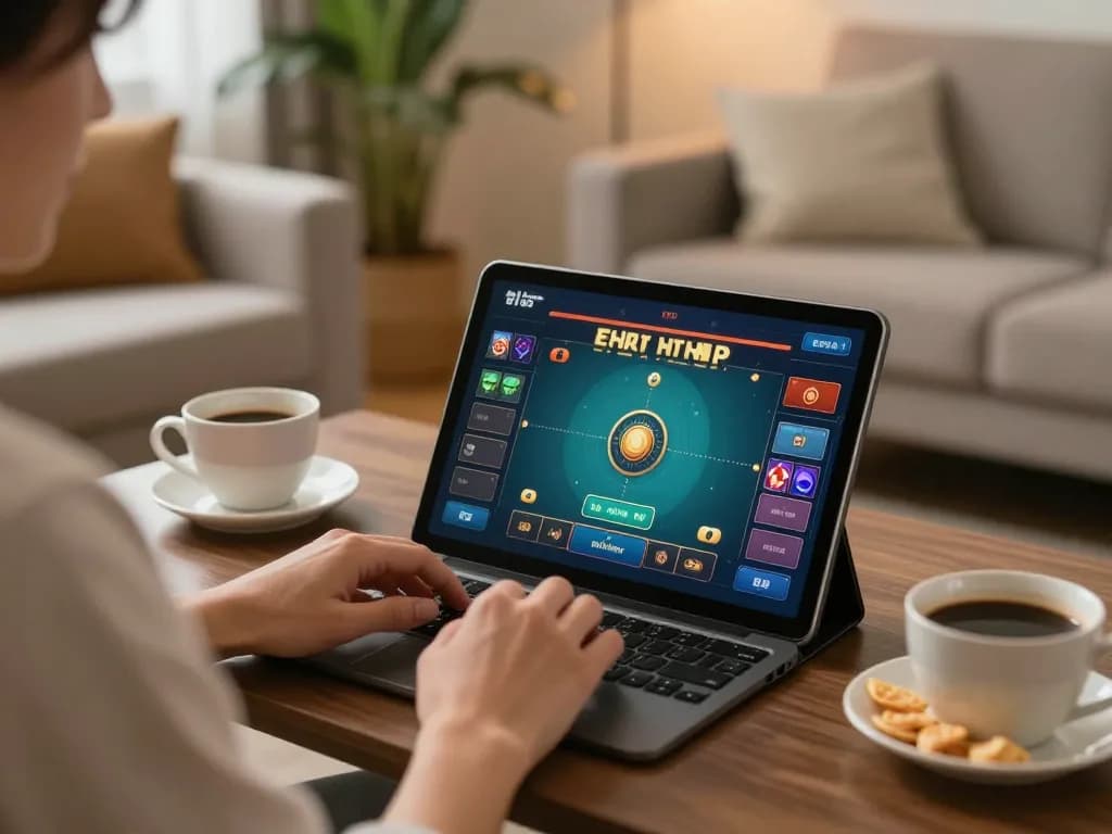 Rikvip player enjoying a lively Phỏm game on a tablet in a cozy living room.
