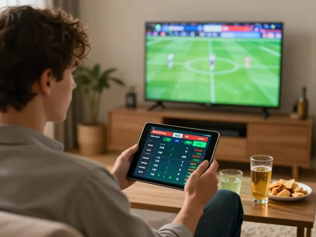 Soi Kèo expert placing sports bets using a tablet while watching live football.