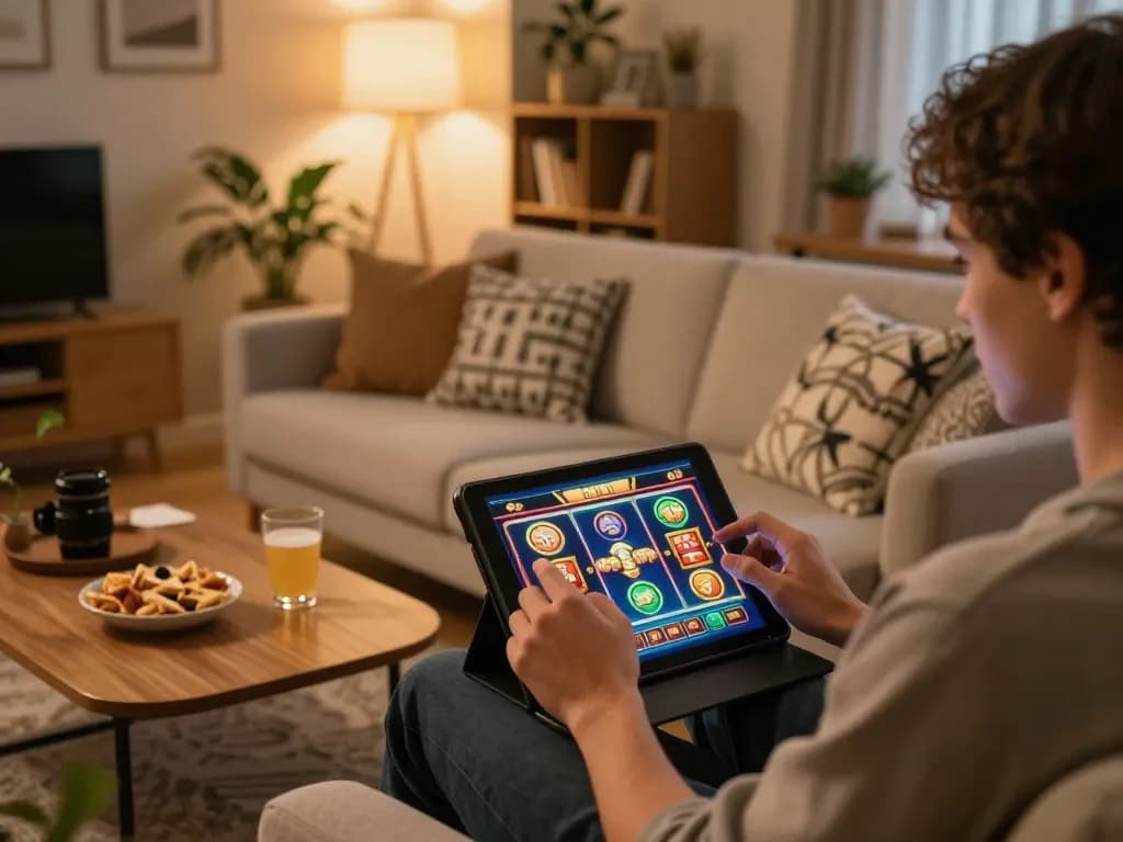 Engaging scene of a player enjoying 32win slot games on a tablet in a cozy living room setup.