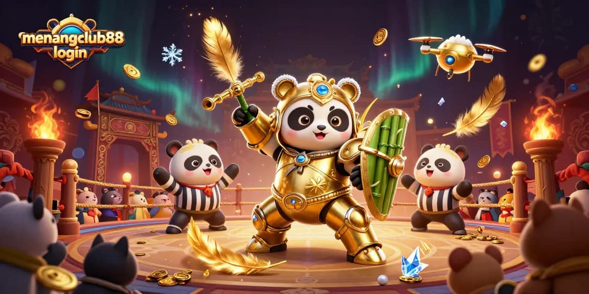 Engage in thrilling gameplay with menangclub88 login showcasing a golden panda in a mech-suit battle arena.