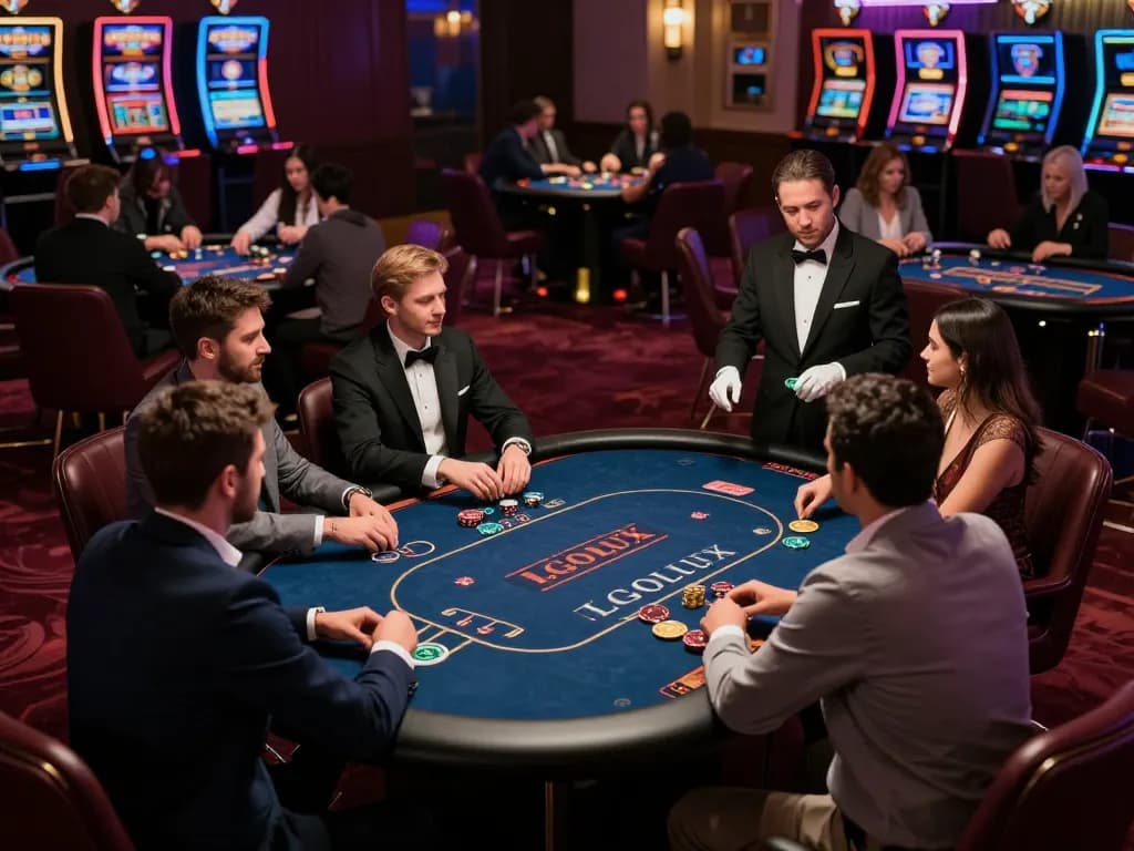 Players experience high-stakes excitement in a LGOLUX VIP gaming area with exclusive poker tables and elegant decor.