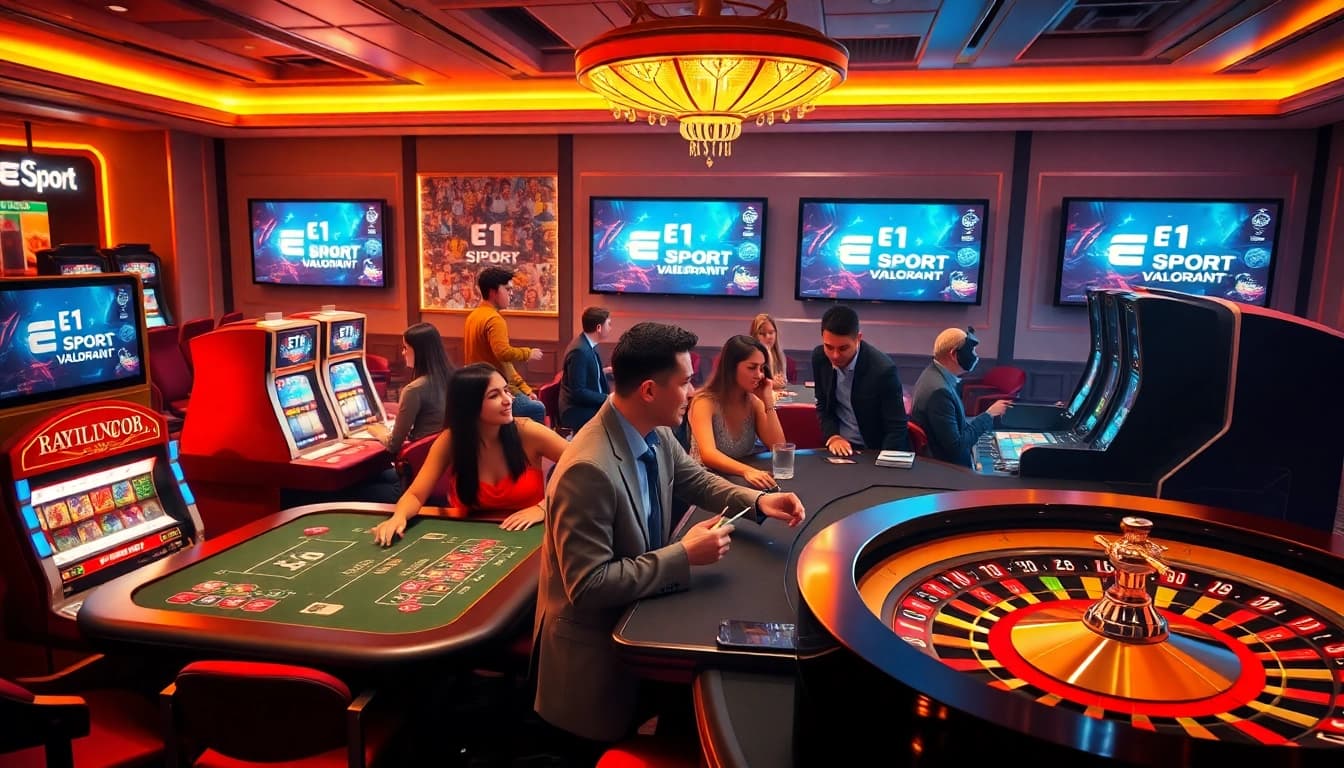 E1 Sport Valorant gamers winning big at a vibrant casino, showcasing excitement and strategy.