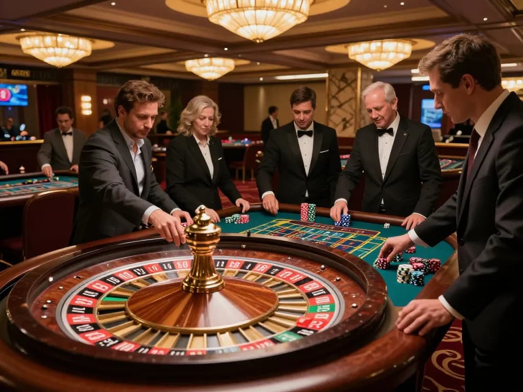 Experience high-stakes betting at luck88com's roulette tables amidst an elegant casino environment