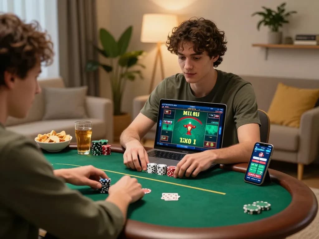 Player engaged in online poker gameplay, showcasing togel deposit pulsa strategy in cozy home setup.