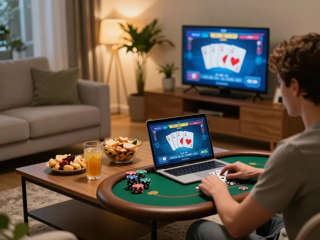 Player enjoying link 98win poker game on a cozy sofa with snacks and a warm atmosphere.