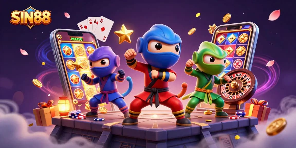 SIN88 offers an exciting gaming world with vibrant visuals and dynamic gaming elements surrounding a team of ninja chameleons.