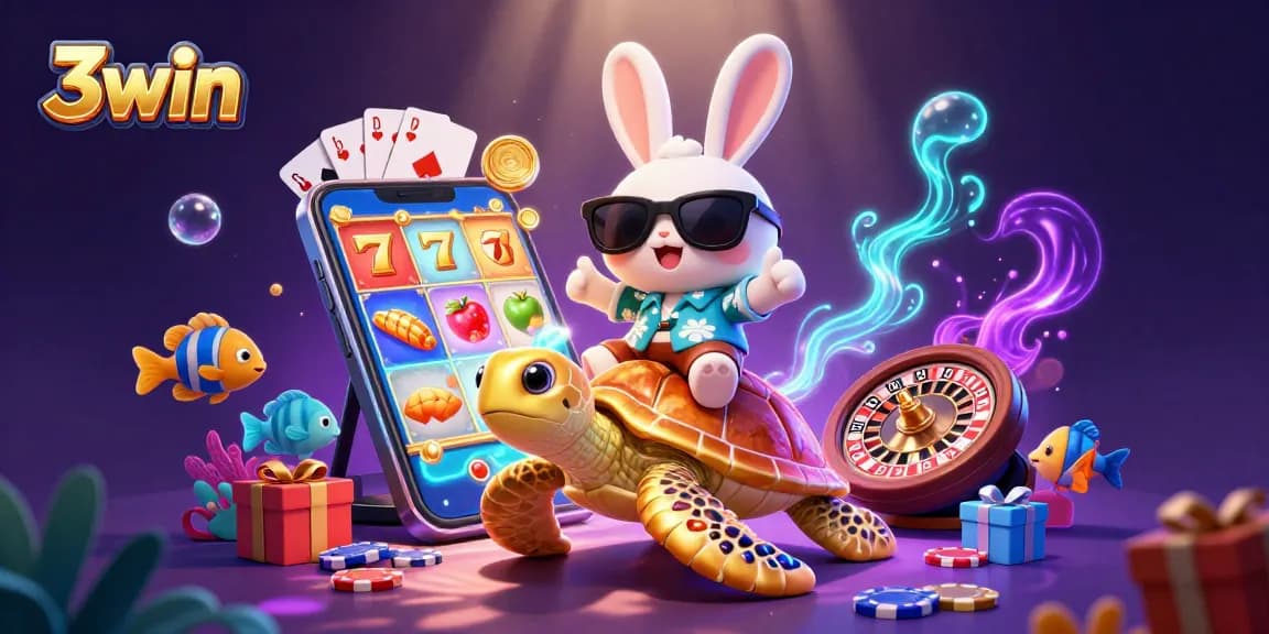 Experience thrilling slots with 3win's exotic characters and vibrant casino elements in this captivating illustration.